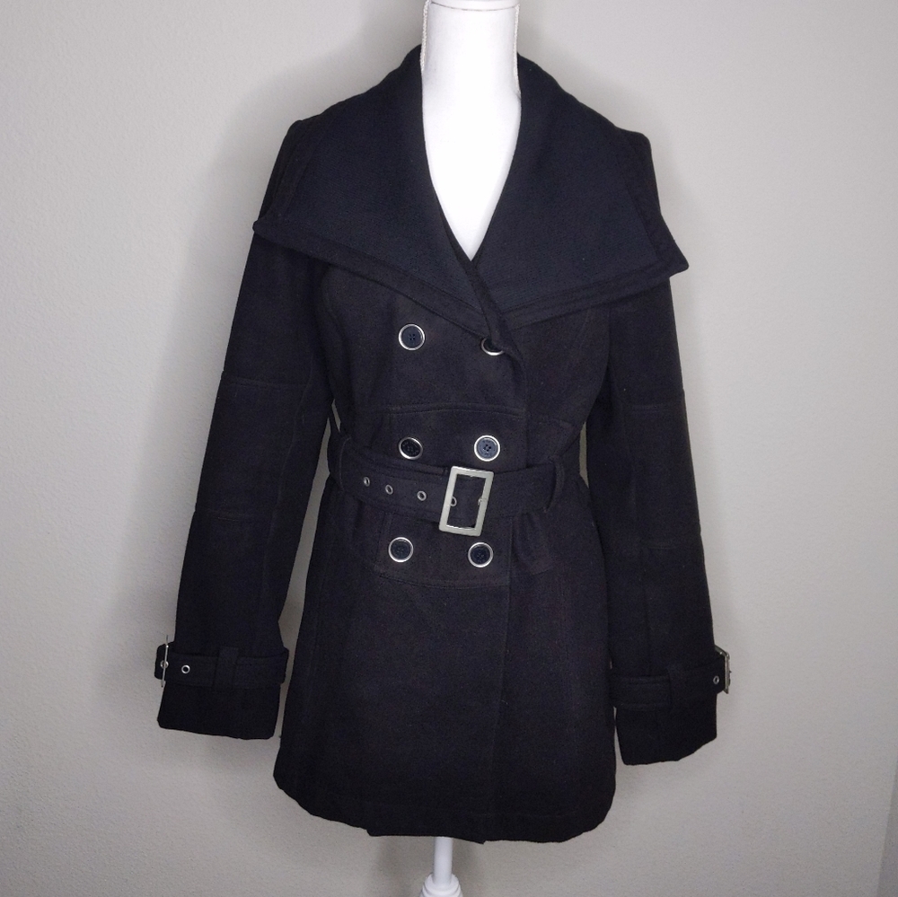 G by Guess Black Peacoat Women’s Large | Oversized Collar Belted Wool Blend Coat - Picture 2 of 10